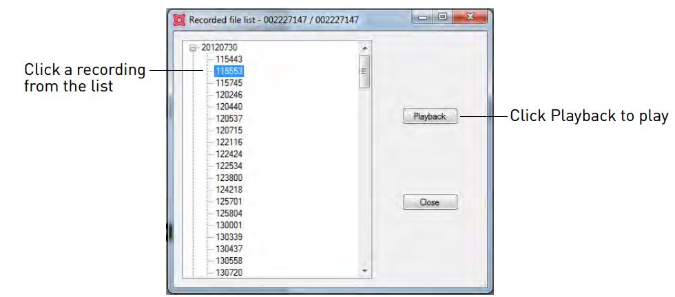 Recorded file list with playback button