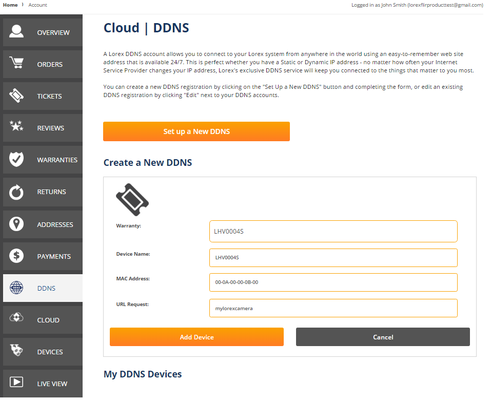 Lorex Website: Add DDNS