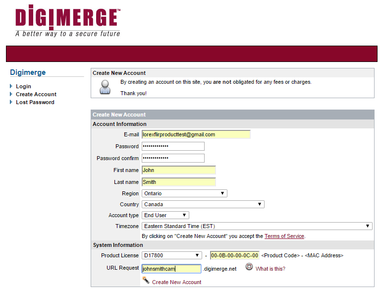Digimerge: Create Account Page