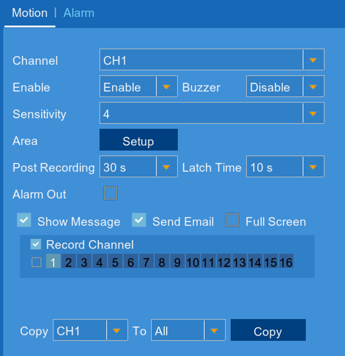 Motion Tab - configuring motion detection