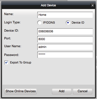 Lorex netHD Stratus Client: Add Device Window